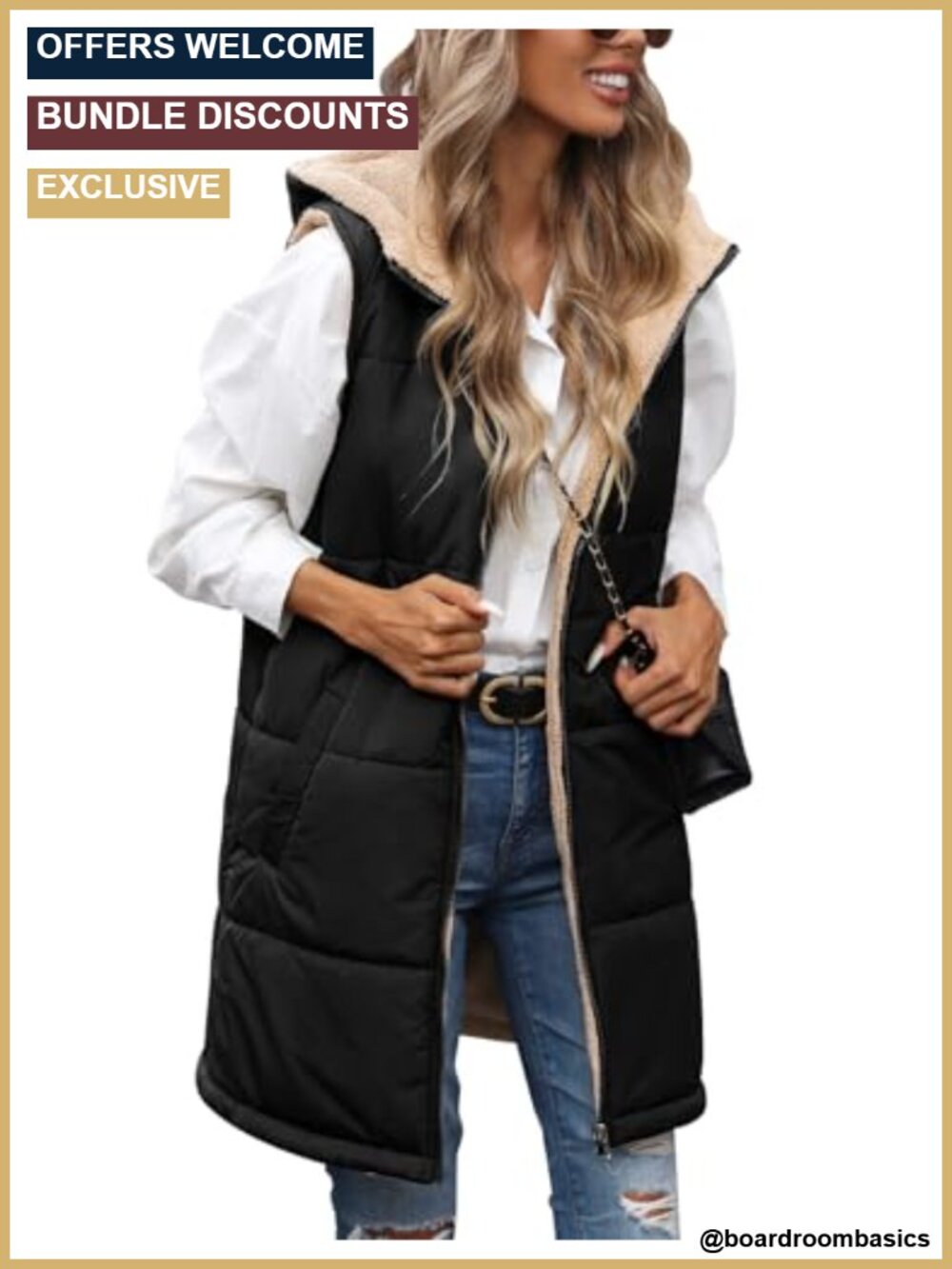 Women's Long Puffer Fleece Vest Reversible Sleeveless Winter Warm Quilted Zip Up